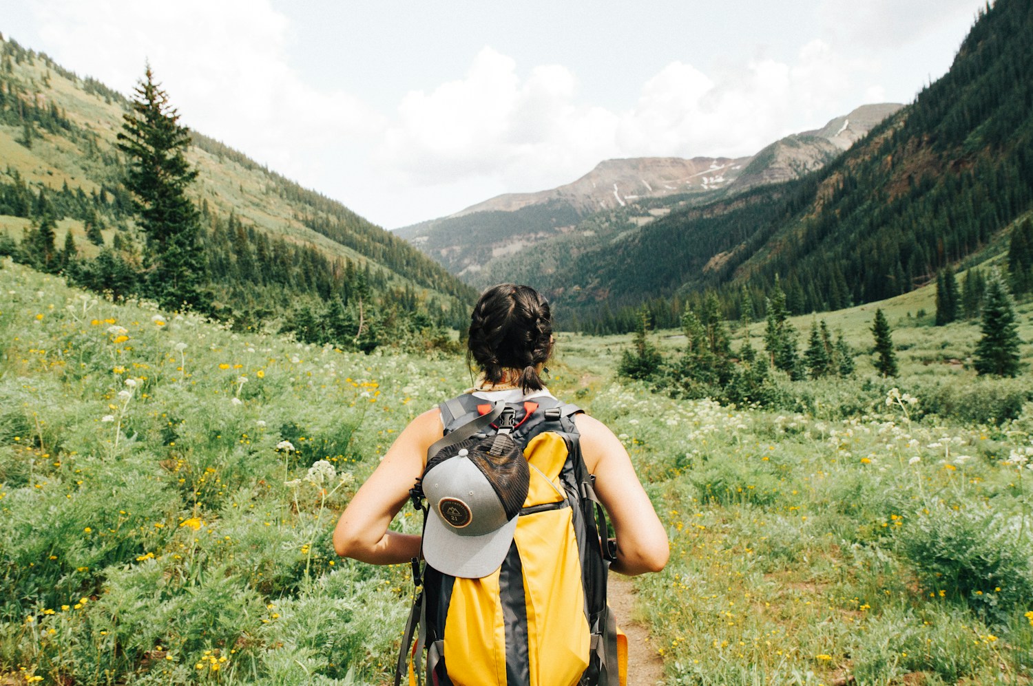 Traveler wearing a backpack on a green mountain trail
